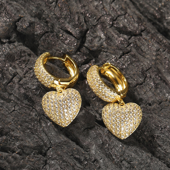 Pave Heart Drop Hinged Hoop Earrings In Gold And Silver Tones