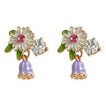 Gold-Tone Enamel Daisy Clear Stone Purple Bell Drop Earrings view 5