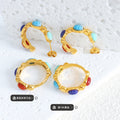 Gold Multicolor Carved Bead Open Hoop Earrings and Stack Rings view 2