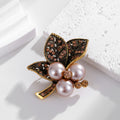 Red Gold Tone Leaf Crystal Pearl Look Metal Brooch Pin view 5