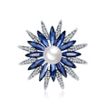Blue Silver Tone Sunflower Crystal Pearl Look Two Designs Metal Brooch Pin view 1