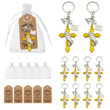 Yellow Cross Praying Hands Keychain With Angel And Square Charms