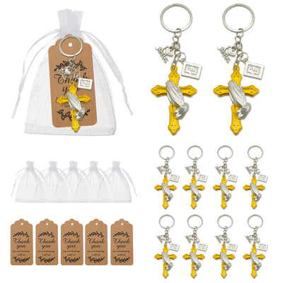 A white organza pouch and brown thank-you tags are shown beside multiple cross keychains.