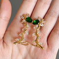 Gold Tone Green Stone Leaf Branch Ear Climbers Jewelry view 4
