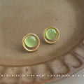 Gold Oval Frame Green Cat Eye Stud Earrings Cabochon Pair view 4