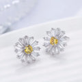 White Metal Daisy Flower Stud Earrings Yellow Center Alloy view 3