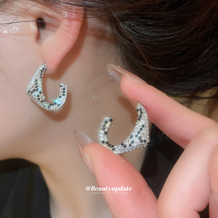Silver Tone Crystal Open C Stud Earrings with Pointed Ends