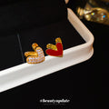 Red Enamel and Crystal Double Heart Huggie Earrings view 3