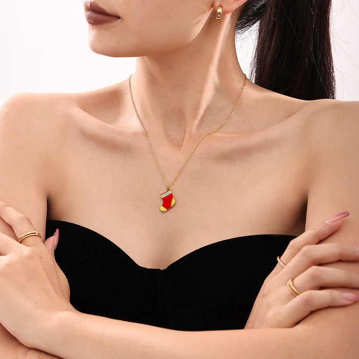 Red Enamel Christmas Stocking Pendant Necklace Gold Chain