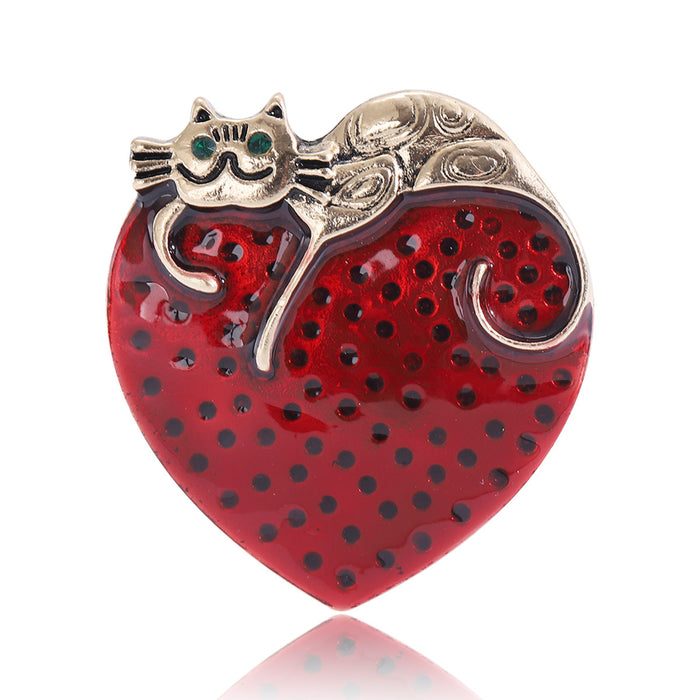 Red Heart Cat Brooch with Black Dots and Gold Tone Trim