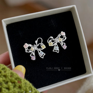 Silver Tone Open Bow And Pastel Color Teardrop Stud Earrings