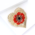 Gold Heart Red Enamel Poppy Flower Brooch Black Center view 4
