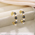 White Pearl Look and Black Flower Gold Huggie Earrings view 7