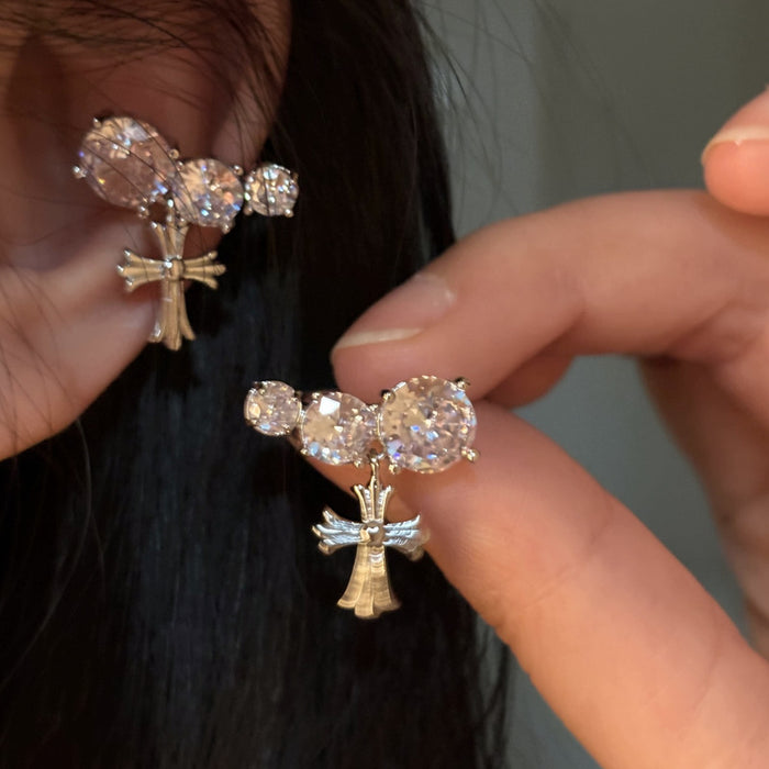 Silver Crystal Cross Dangle Ear Cuff Single Piece Design