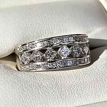 Silver Three Row Geometric Band Ring Square Clear CZ