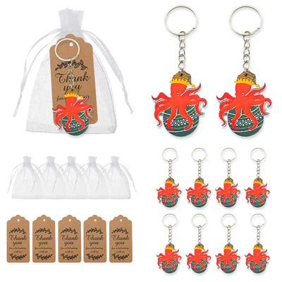 Collage of red octopus keychains beside a white drawstring bag and kraft thank-you tags.
