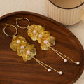 Yellow Translucent Petal Pearl Look Long Hoop Earrings view 2
