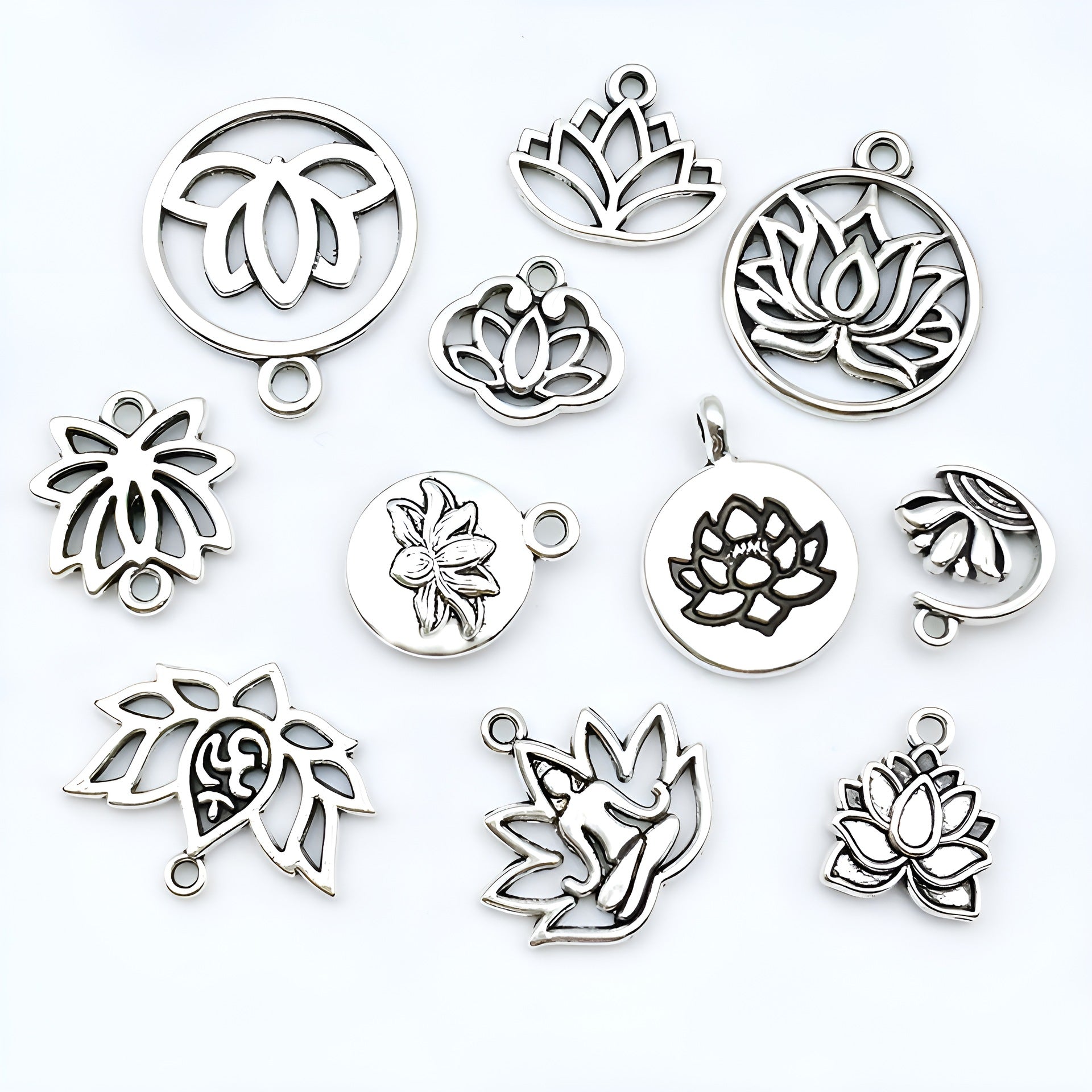 Antique Silver Zinc Alloy Yoga Lotus Round Hollow Charm Pendant for Necklaces and Earrings
