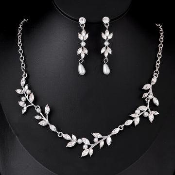 Black Silver Tone Crystal Leaf Vine Crystal Pearl Look Metal Necklace