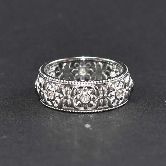 Silver Wide Filigree Floral Band Ring Clear Stones Sizes 6-10