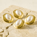Gold Oval Wide Bezel White Pearl Look Stud Earrings view 2