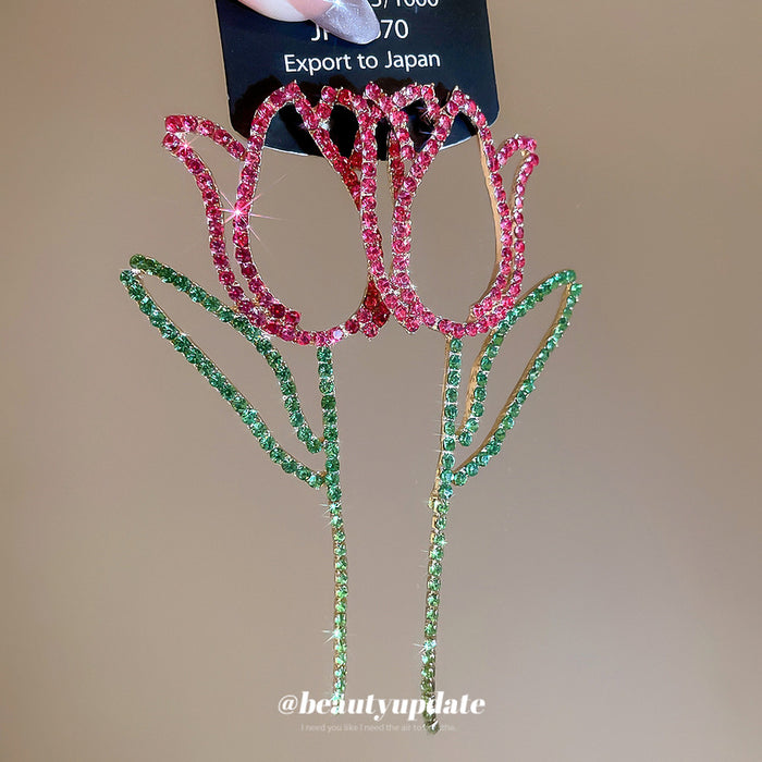 Pink Crystal Tulip Stem Statement Earrings Statement Fashion Jewelry