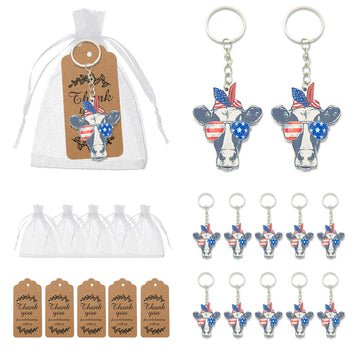 Cow Head Keychain With American Flag Sunglasses And Bandana