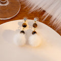 White Fur Pom Drop Earrings Tiger Eye Chips Crystal Posts view 3