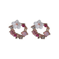 Gold Tone Pink Crystal Pearl Floral Wreath Stud Earrings view 5
