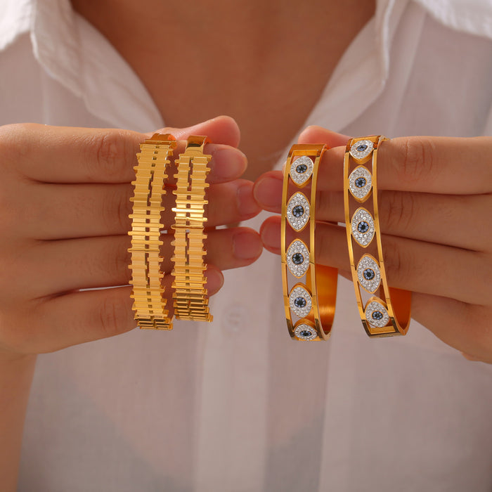 Gold Ladder Texture And Evil Eye Crystal Bangle Bracelets