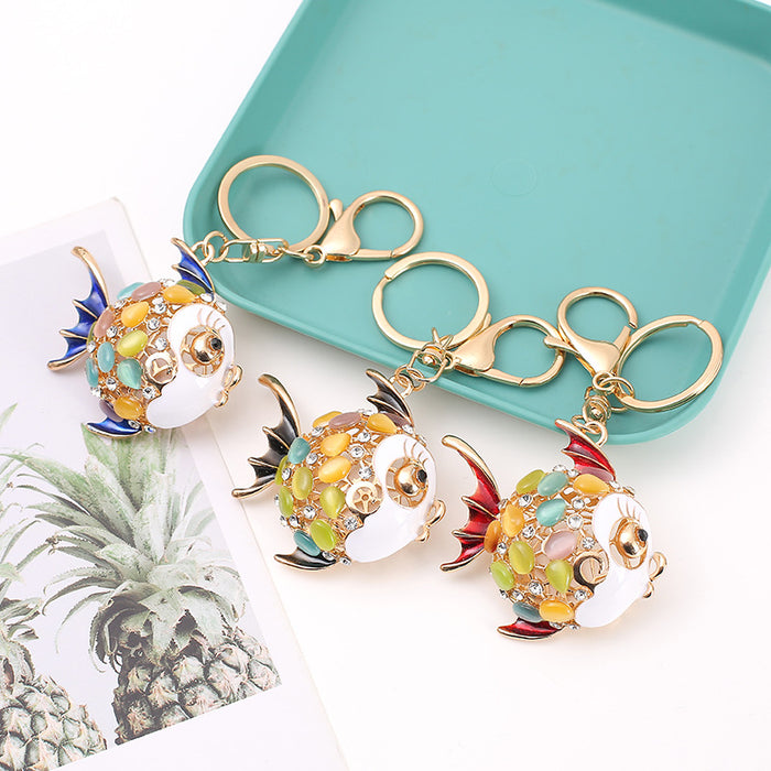 Openwork Goldfish Keychains Cat Eye Stones Rhinestones 3 Colors