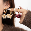 Red Ivory and Brown Flower Cluster Gold Hoop Earrings view 1