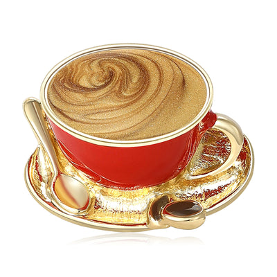 Front view of coffee cup brooch with saucer and spoon in three colors