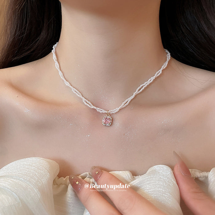 White Beaded Necklace with Pink Crystal Pendant Two Styles