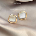 Gold-Tone Rounded Square White Cat-Eye Stud Earrings view 4