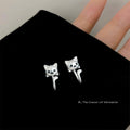 Silver Cat Face Stud Earrings Rear Curved Tail Hooks view 3