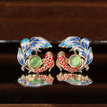 Gold Tone Enamel Koi Fish Statement Stud Earrings Polished Metal Jewelry view 3
