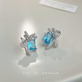 Silver-Tone Pave Bow Blue Rectangle Stone Stud Earrings view 3