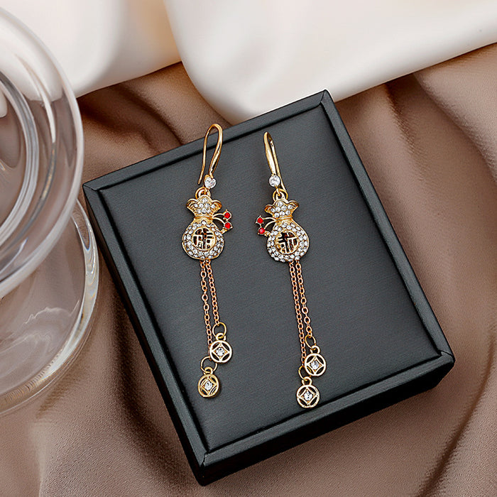 Gold Money Bag Drop Earrings With Chain Coin Tassels