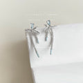 Silver Light Blue Teardrop Crystal Bow Long Drop Earrings view 2
