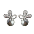 Silver Tone Clear Petal Flower And Gray Pearl Stud Earrings view 5