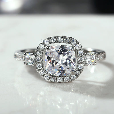 Silver Tone Cushion Clear Stone Halo Ring With Side Accents - front product view