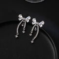 Silver Ribbon Bow Triple Chain Long Dangle Stud Earrings view 2