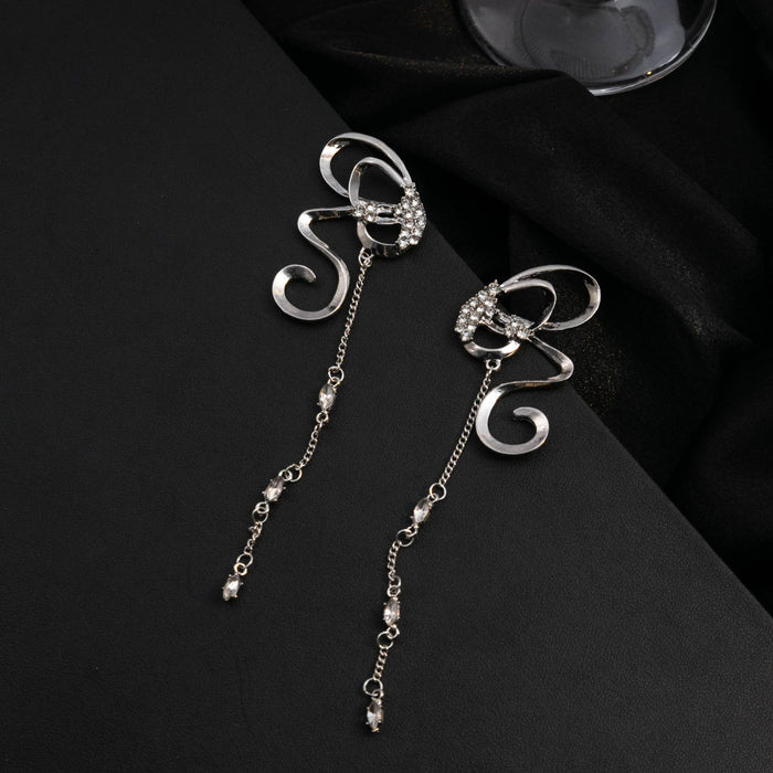 Silver Butterfly Ribbon Long Chain Tassel Drop Earrings