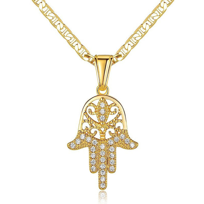 Hamsa Hand Pendant Necklace Gold Silver Clear Stones