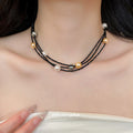 Layered Black Cord Necklace with Gold and Pearl Beads view 3