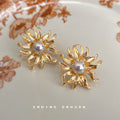 Gold Sunflower Iridescent Pearl Center Stud Earrings view 4