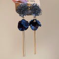 Floral Petal Chain Drop Earrings in White and Navy view 2