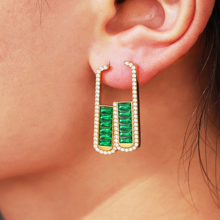 Crystal Long U Earrings in Red Green and Blue Gold Tone Styles