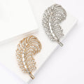 Large Curved Crystal Feather Brooch in Silver or Gold Tone view 1
